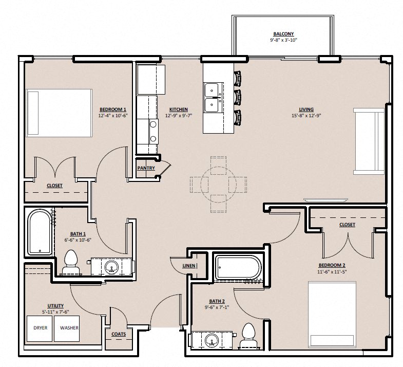Floor plan for 2 beds, 2 baths, 1047 sqft